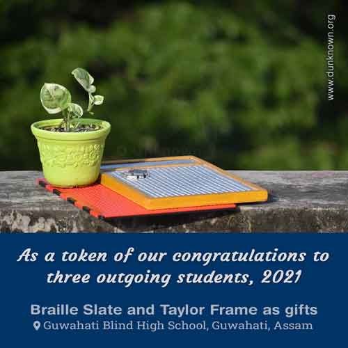 Braille Slate and Taylor Frame with a flower pot on top of it.